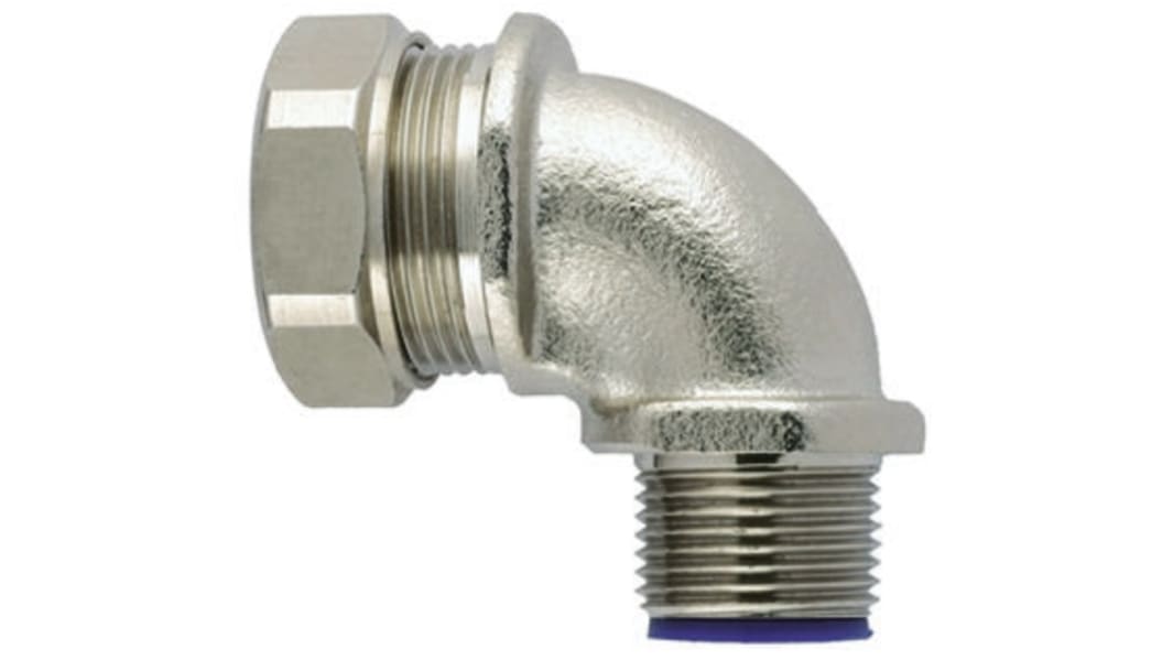 Racor para conducto HellermannTyton, Acodado 90° de Latón, PA 6 Plateado, tamaño nom. 32mm, rosca M32, IP68