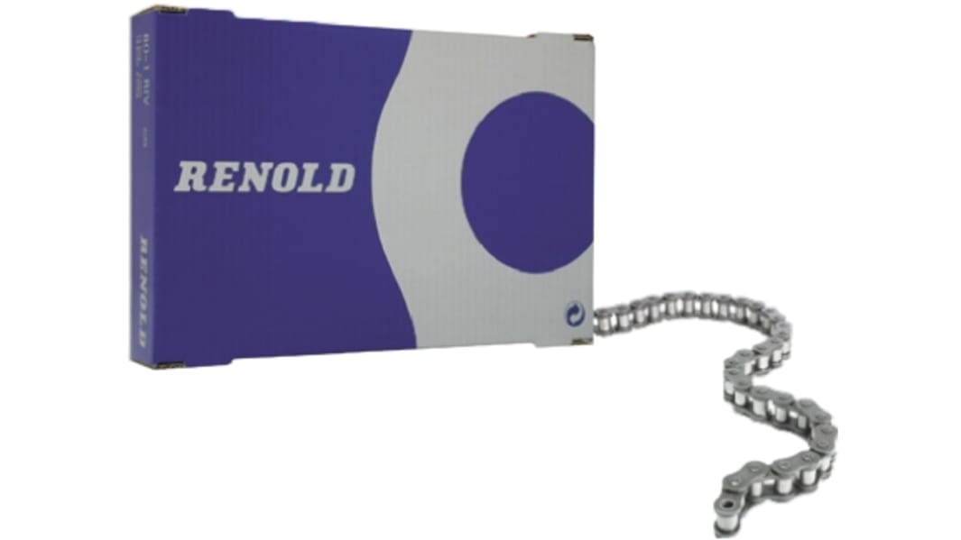 Catena a rulli tipo 08B-1 Simplex, Renold, lunga 7.6m, passo 12.7mm, piastra alta 11.7mm, Ø sfera 8.51mm, in Acciaio,