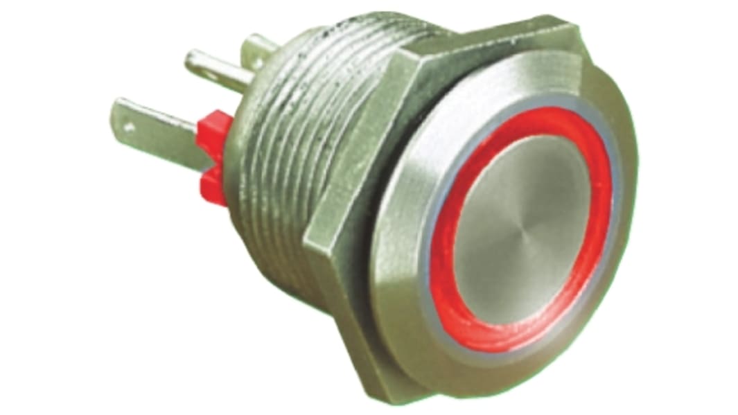 Bulgin MPI002 Series Illuminated Push Button Switch, Momentary, Panel Mount, 19.2mm Cutout, SPST, Red LED, 24V dc, IP66
