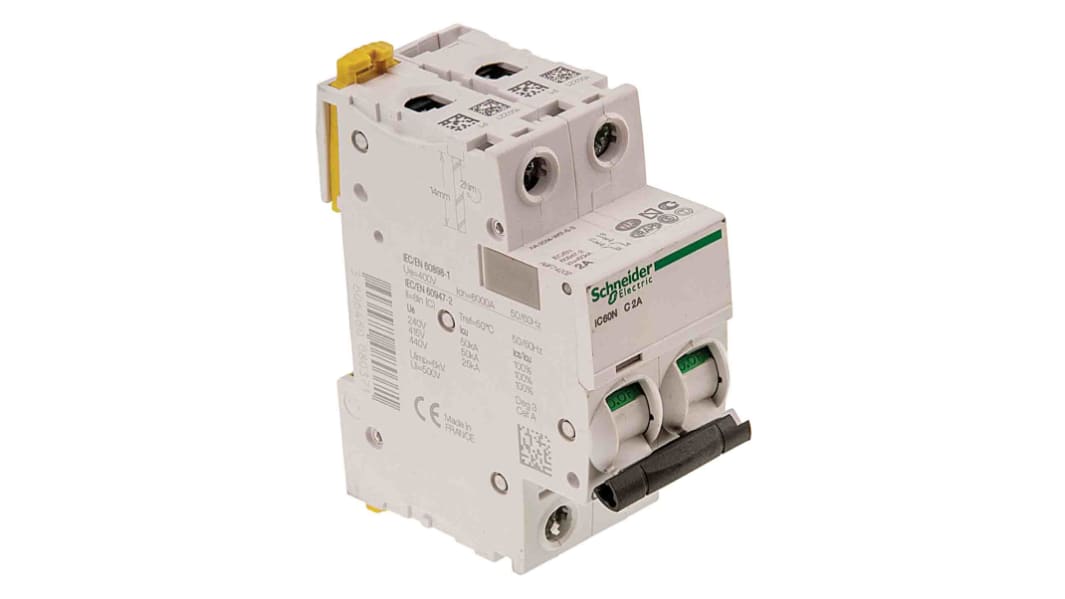 Disjoncteur Schneider Electric iC60N 2P, 4A, pouvoir de coupure 6 kA, montage rail DIN
