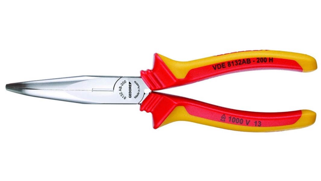 Gedore VDE Long Nose Pliers, 160 mm Overall, Straight Tip, VDE/1000V, 46mm Jaw