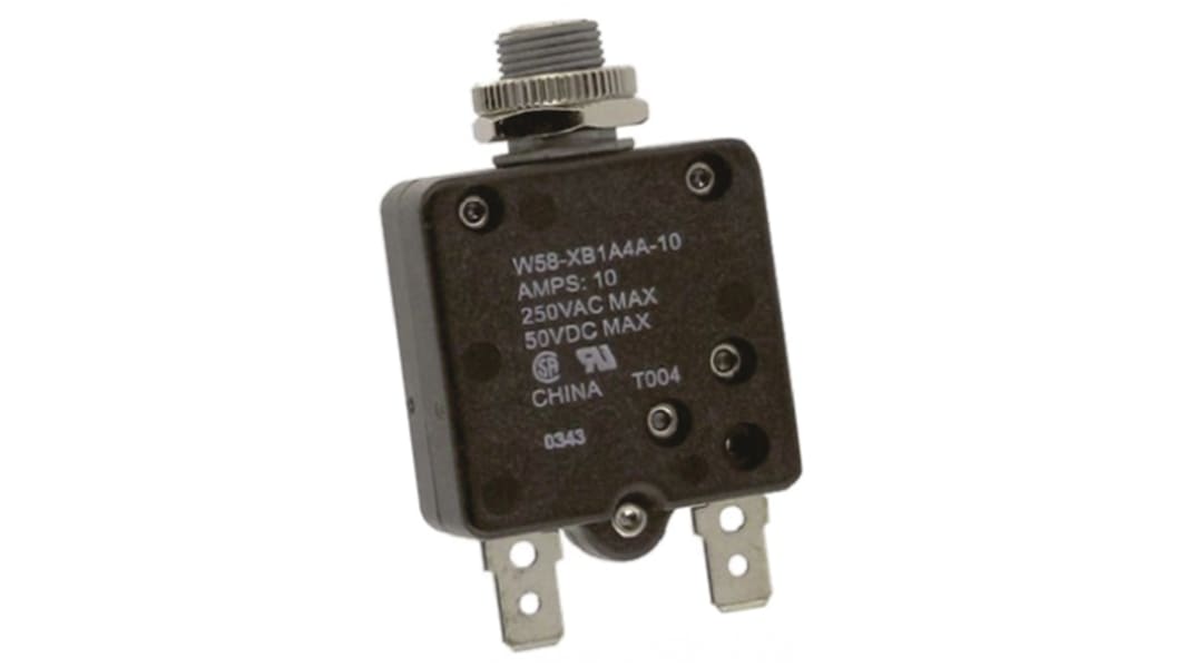TE Connectivity Thermal Circuit Breaker - W58  Single Pole 50 V dc, 250V ac Voltage Rating, 10A Current Rating