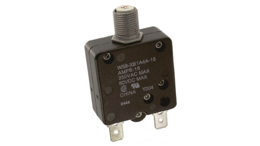TE Connectivity Thermal Circuit Breaker - W58  Single Pole 50 V dc, 250V ac Voltage Rating, 15A Current Rating