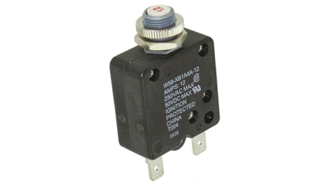 Disjoncteur thermique TE Connectivity W58, 12A, 1 pôle, 50 V dc, 250V c.a.