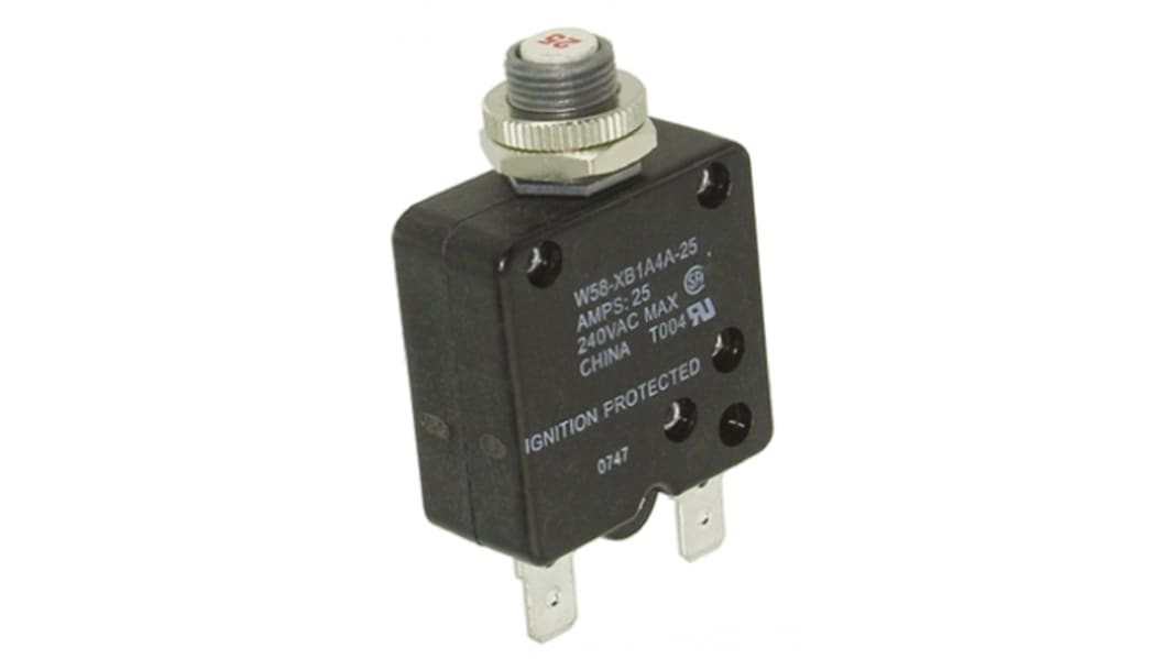 TE Connectivity Thermal Circuit Breaker - W58  Single Pole 50 V dc, 250V ac Voltage Rating, 25A Current Rating