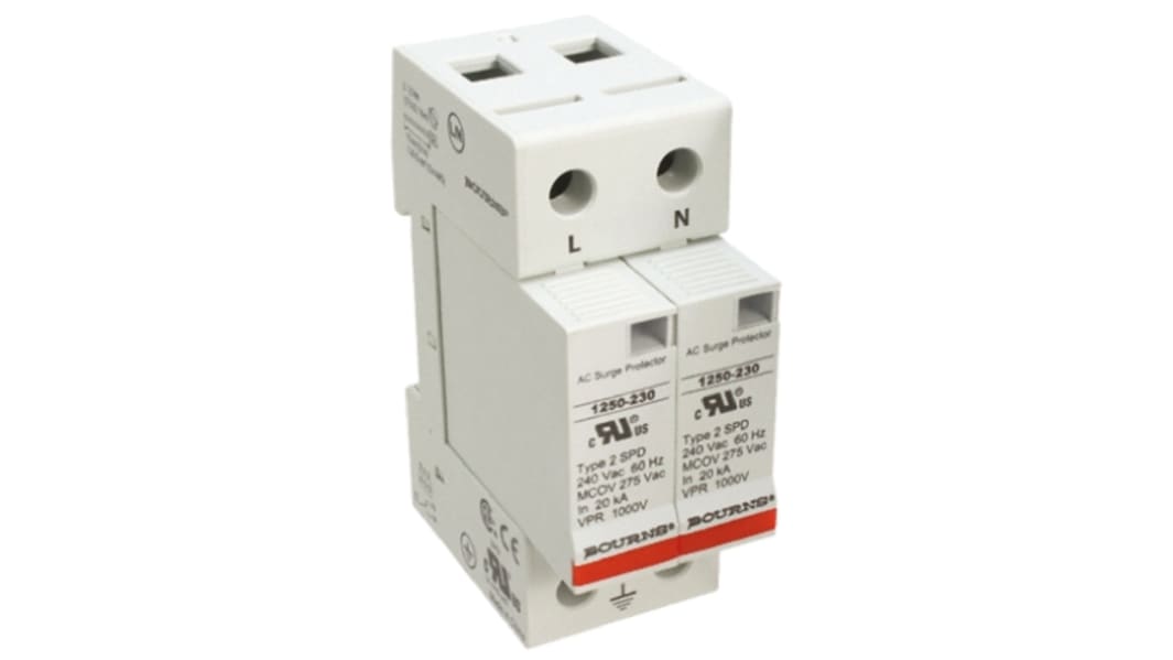 Bourns, 1250 Surge Arrester 415 V ac Maximum Voltage Rating 50kA Maximum Surge Current 2 Pole Protector