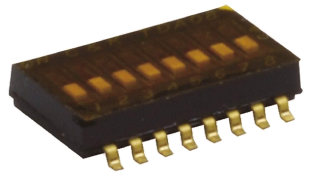 Interruptor DIP, SPST, Montaje superficial, Actuador Enrasado, 25 mA a 24 V dc, 8 vías, -40 → +85°C