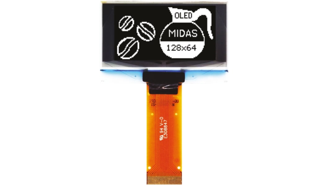 Midas 1.54in White Passive matrix OLED Display 128 x 64pixels TAB I2C, Parallel, SPI Interface