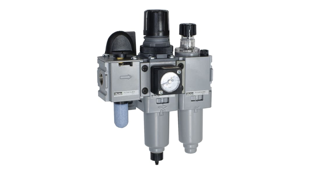 Parker BSPP 1/4 FRL, Pulse Drain, 5μ Filtration Size - With Pressure Gauge