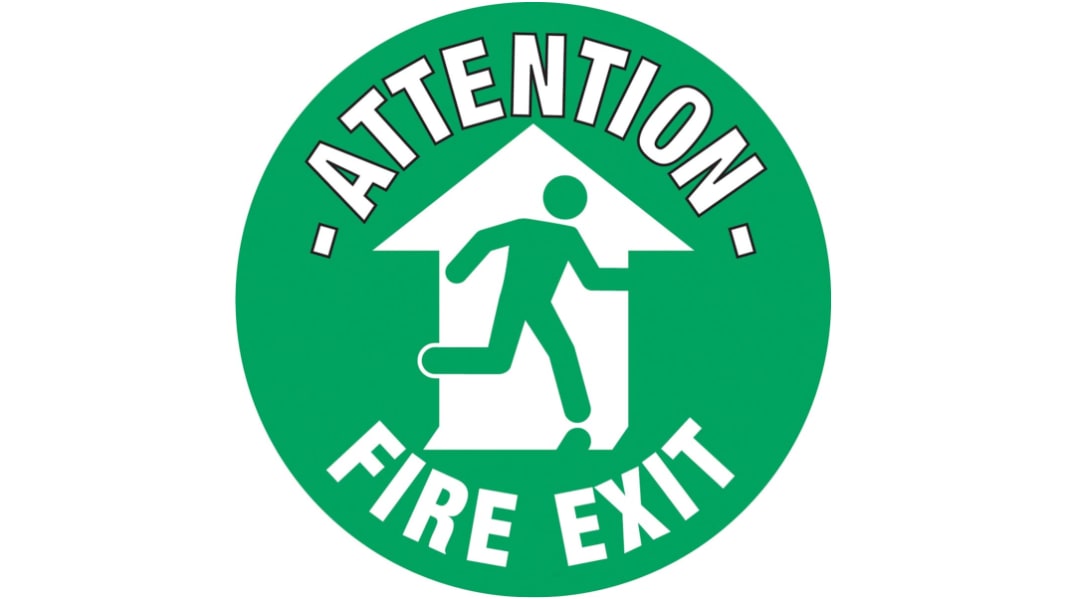 Flugtvejsskilt PVC Grøn, Attention - Fire Exit, Engelsk