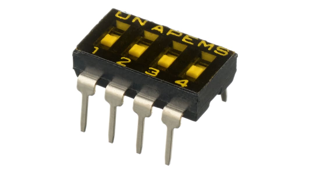 APEM 4 極 ディップスイッチ, 埋込型アクチュエータスライド, SPST, 100 mA (非スイッチング) @ 50 V dc, 25 mA (スイッチング) @ 24 V dc, スルーホール実装
