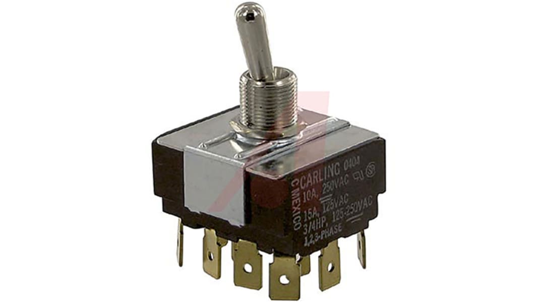 Carling Technologies Toggle Switch, Panel Mount, On-Off-On, 4PDT, Tab Terminal, 250V ac