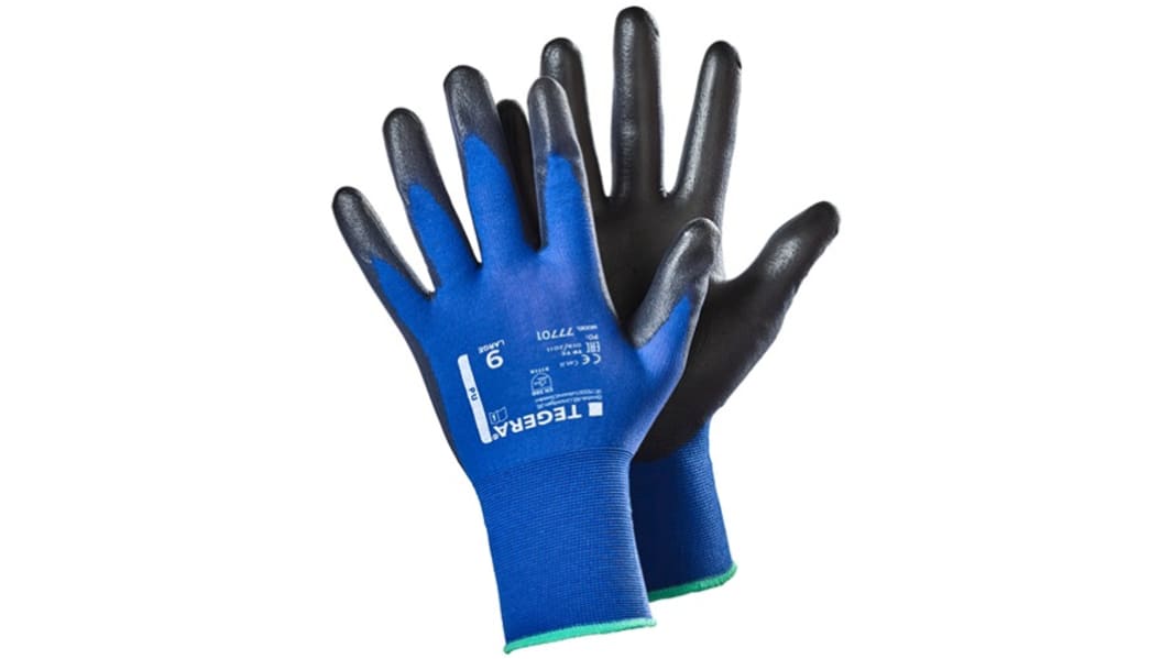 Tegera TEGERA Black, Blue Nylon Dry Environment Work Gloves, Size 11, Polyurethane Coating
