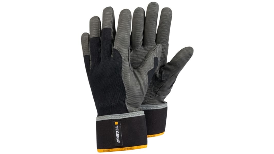 Tegera TEGERA Black, Grey, Yellow Synthetic Leather Construction Work Gloves, Size 9