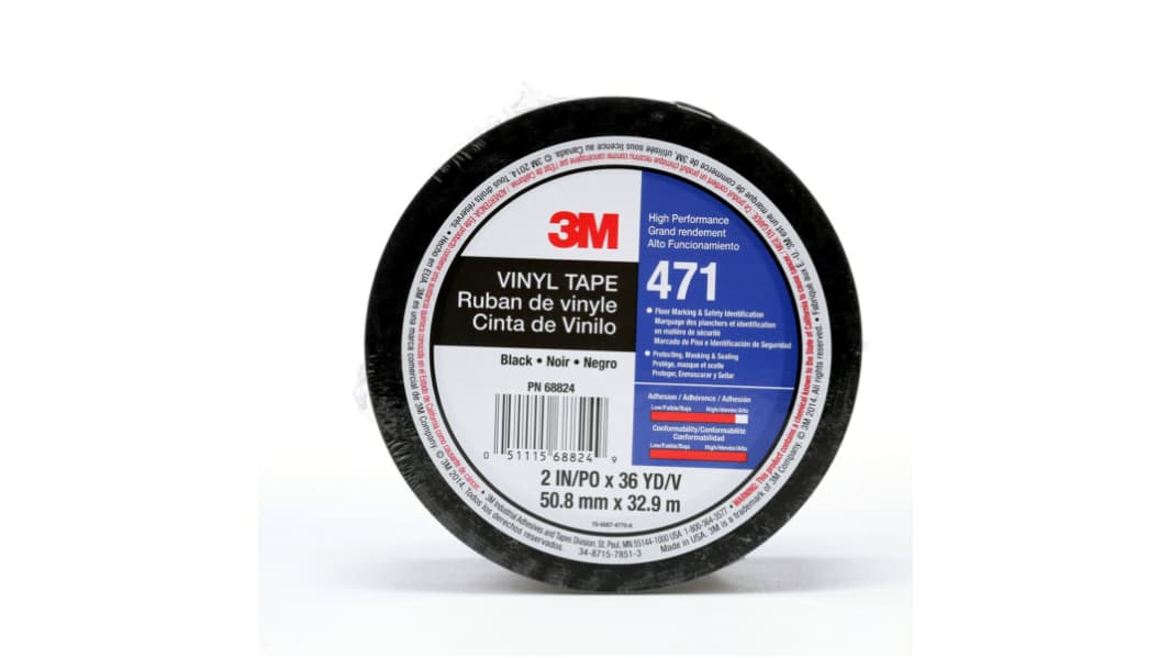 3M 7100044330 Black Vinyl 32.91m Hazard Tape, 0.14mm Thickness "471 Tape"
