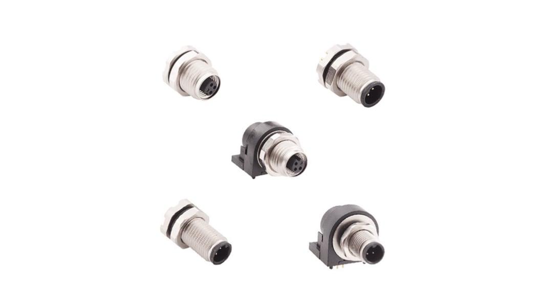 Norcomp serie M5 M5 Cirkulær konnektor, Lige 4-Polet Stik, Panelmontering med Han Kontakter, IP67, IP68