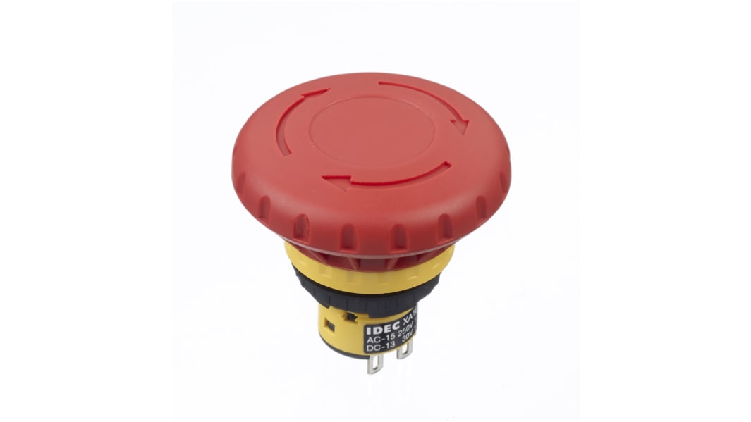 Seta de emergencia Idec serie XA, 2 NC, montaje en panel, Ø de montaje 16mm, IP40, IP65