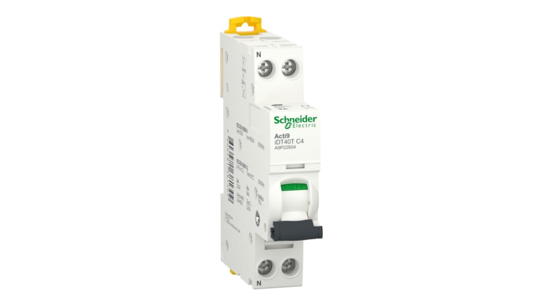 Disjoncteur Schneider Electric Acti9 iDT40T 1+N, 4A, pouvoir de coupure 6 kA, montage rail DIN