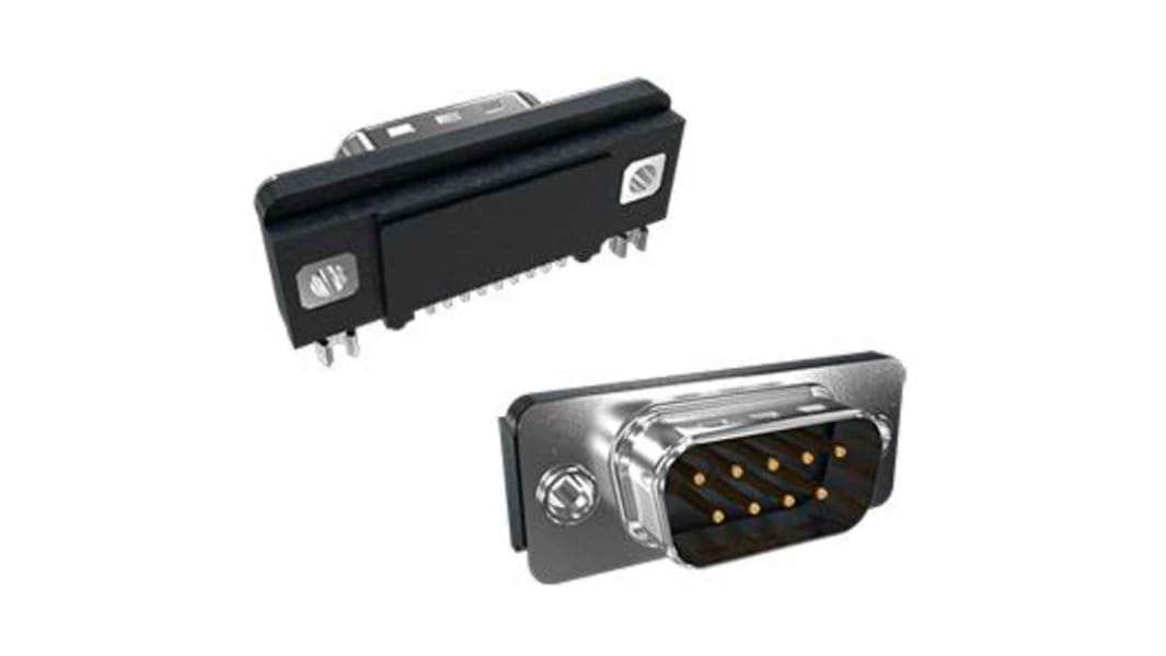 Amphenol Communications Solutions Slimline 9 Way Right Angle SMT D-sub Connector Plug, 2.78mm Pitch, with Boardlocks