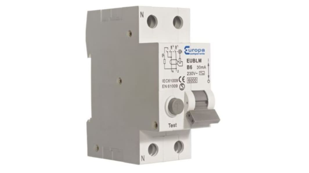 Europa RCBO, 6A Current Rating, 2P Poles, 30mA Trip Sensitivity, Type A, EUBLMC Range
