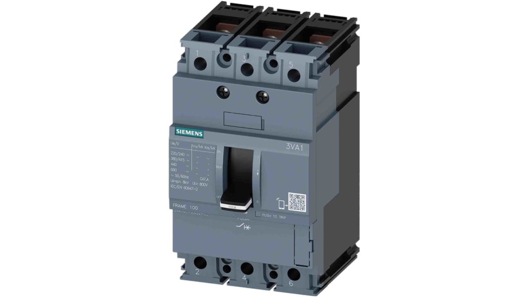 Wyłącznik kompaktowy MCCB, 3-biegunowy, 50A, 690V, 500V, Stałe, Siemens, 3VA10