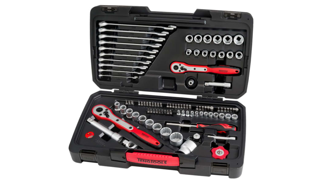 Teng Tools 98-Piece Metric 1/2 in; 1/4 in; 3/8 in Standard Socket/Spanner/Bit Set with Ratchet, 6 point; 12 point; Hex