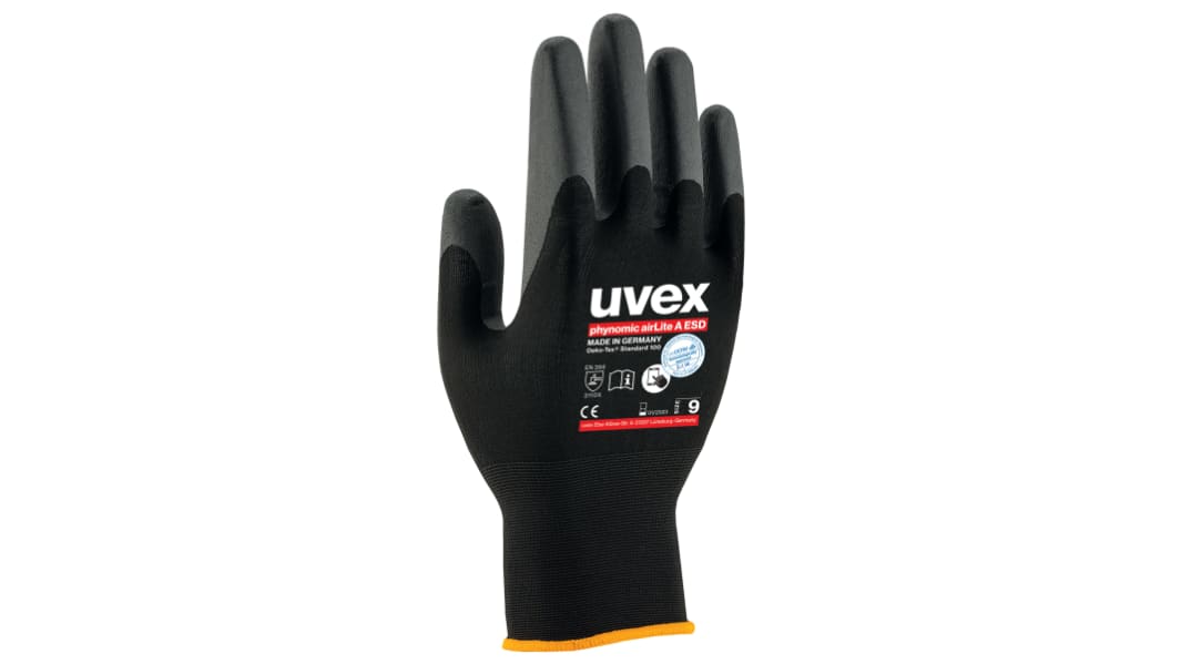 Guantes antiestáticos de Elastano, Poliamida Negro uvex, talla 10, con recubrimiento de Polímero de agua, Seguridad ESD