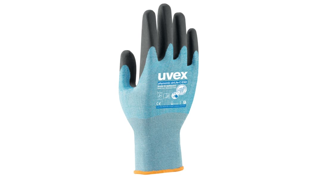 Guantes antiestáticos de Elastano, Poliamida Azul Uvex, talla 6, con recubrimiento de Polímero de agua, Seguridad ESD