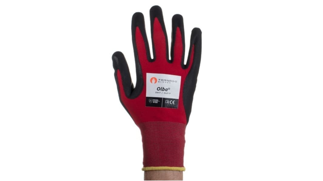 Guantes de trabajo de Nylon Rojo Tornado serie Olba, talla 9, con recubrimiento de Polímero, Resistentes a la abrasión