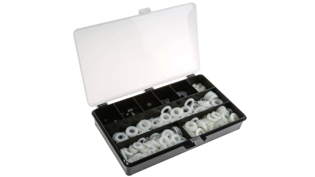 RS PRO Nylon Unterlegscheiben-Sortiment Flach- M2, M2.5, M3, M4, M5, M6, M8, M10, M12, 1500-teilig