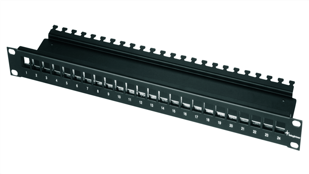 Telegartner RJ patchpanel, Cat5e, Cat6, Cat6a, 24 Porte, RJ45, Afskærmet, uafskærmet, 1U, Sort, Telegartner Data Serien