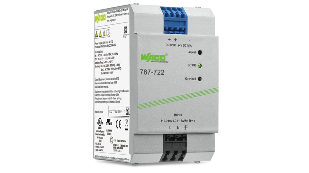 WAGO 787 Switched Mode DIN Rail Power Supply, 230V ac, dc Input, 24V dc dc Output, 5A Output, 120W