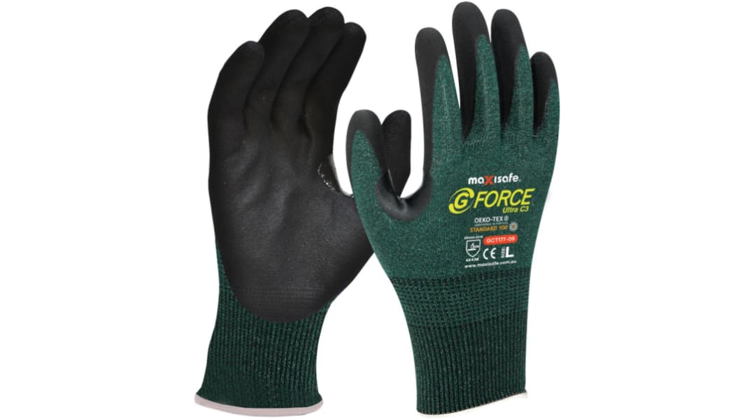 Maxisafe Black, Green Nitrile Abrasion Resistant, Cut Resistant Work Gloves, Size 9, Nitrile Micro-Foam Coating