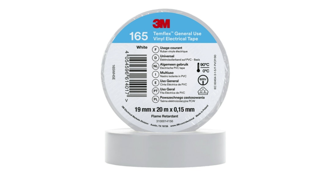 Ruban isolant 3M Temflex 165 en Vinyle Blanc, 20m x 19mm