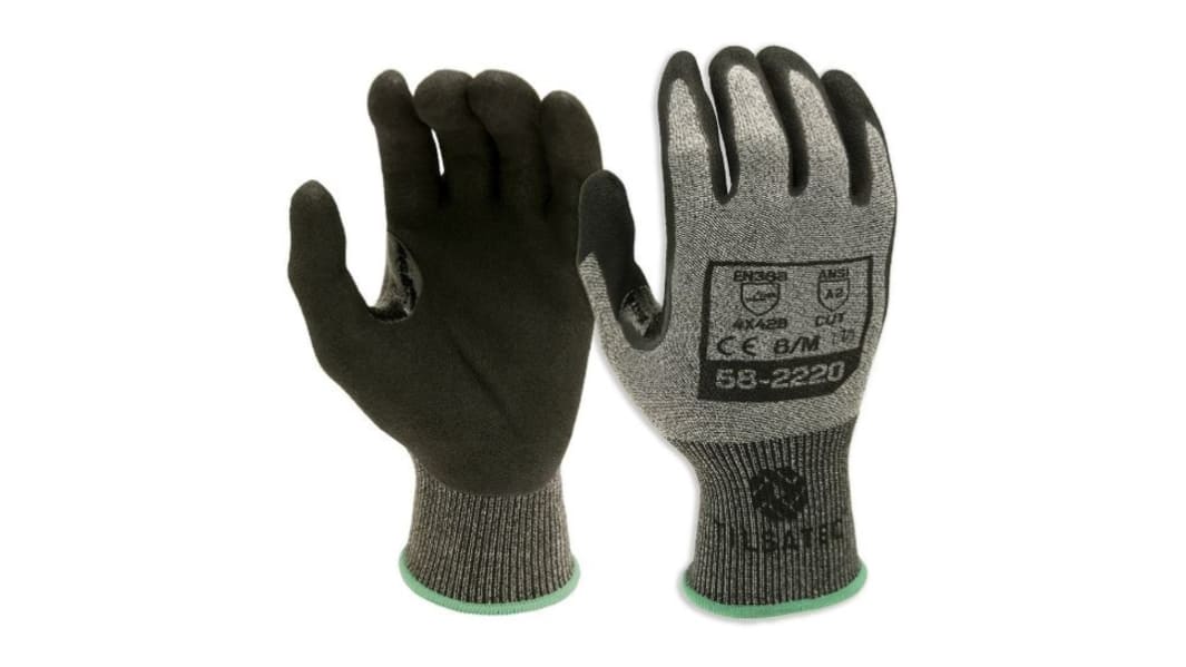 Tilsatec Black, Grey Glass Fiber, HPPE, PET, Polyamide, Spandex Good Dexterity Gloves, Size 9, Bi-Polymer Coating