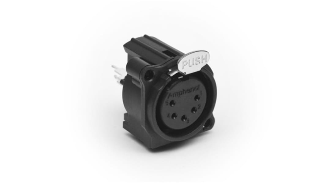 Amphenol Industrial Chassis Mount XLR Connector, Vertical, Female, IP40, 133 V, 5 Way, Gold over Nickel Plating