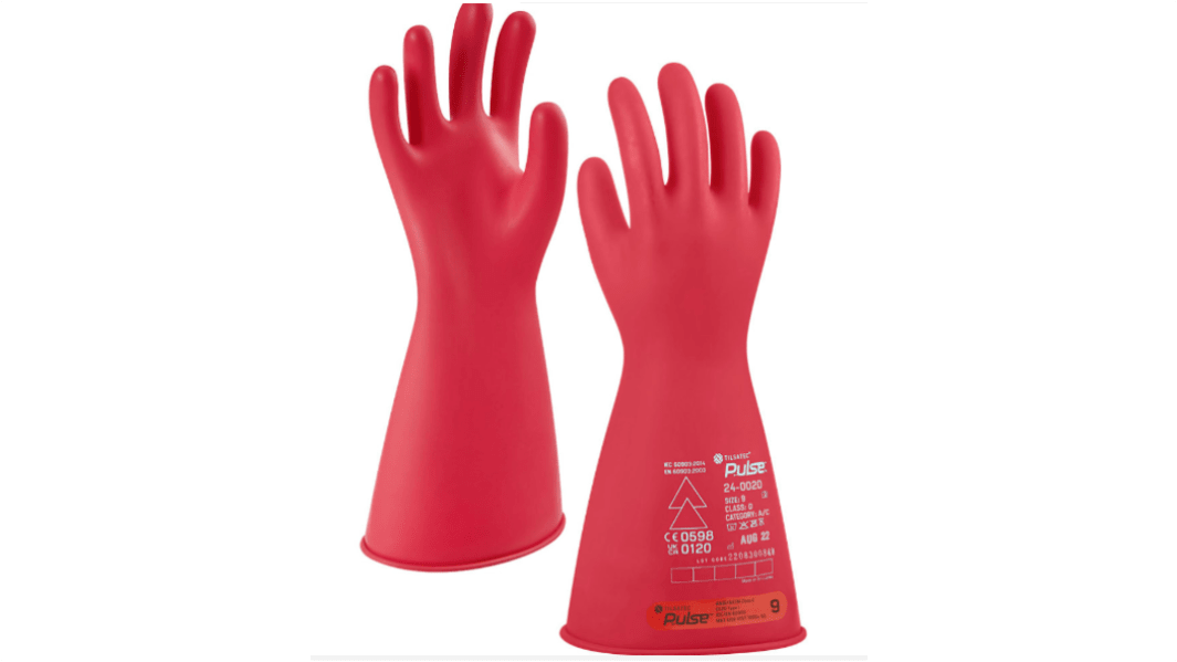 Tilsatec Pulse Red Rubber Electrical Safety Electrical Insulating Gloves, Size 9, Large, Latex Coating