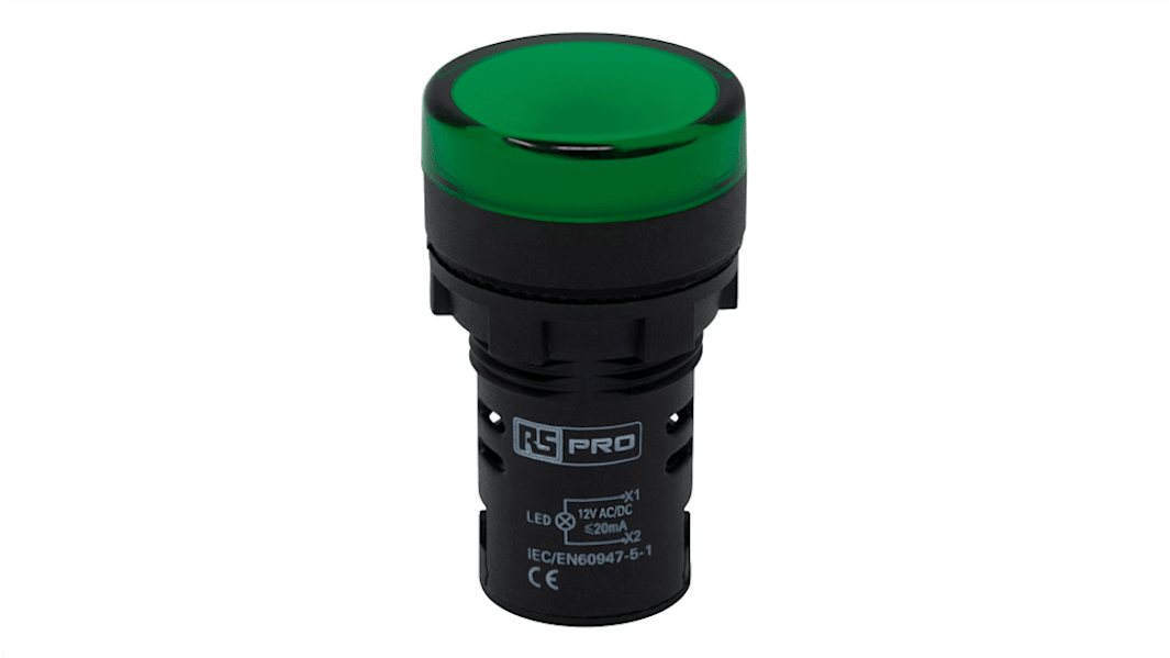 RS PRO, Panel Mount Green LED Pilot Light, 22mm Cutout, IP65, Round, 12V ac/dc
