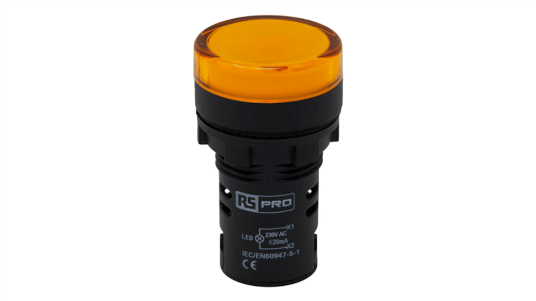 RS PRO, Panel Mount Yellow LED Pilot Light, 22mm Cutout, IP65, Round, 230V ac