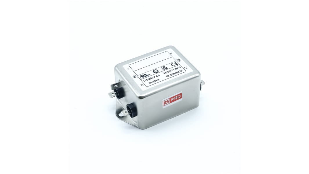 RS PRO EMV-Filter, 250 V ac, 6A, Gehäusemontage, Flachstecker, 1-phasig 4,1mA / 50/60Hz Two Stage Zustände