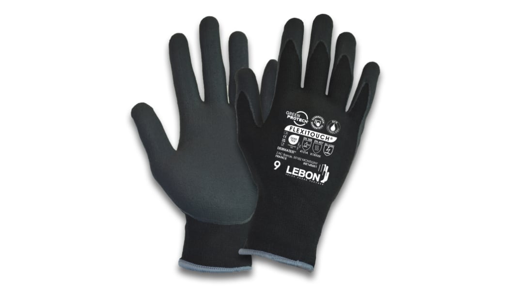 Lebon Protection FLEXITOUCH Black Elastane, Polyamide Abrasion Resistant Work Gloves, Size 9, Bi-Polymer Coating
