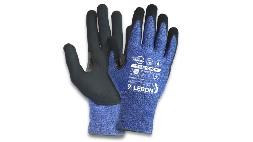 Guantes resistentes a cortes de Elastano, HPPE, poliamida Azul Lebon Protection serie POWERTOUCH, talla 10, con