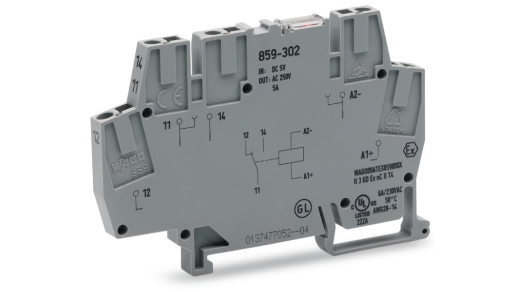 WAGO 859 Series Relay Module, DIN Rail Mount, 5V dc Coil, SPDT, 1-Pole, 5A Load