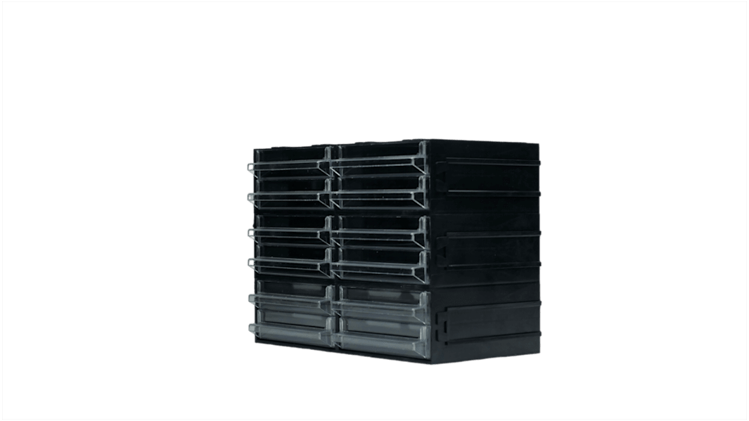 RS PRO Polystyrol Schubladenmagazin Schwarz, Transparent, 12 Einschübe, 169mm x 225mm x 133mm