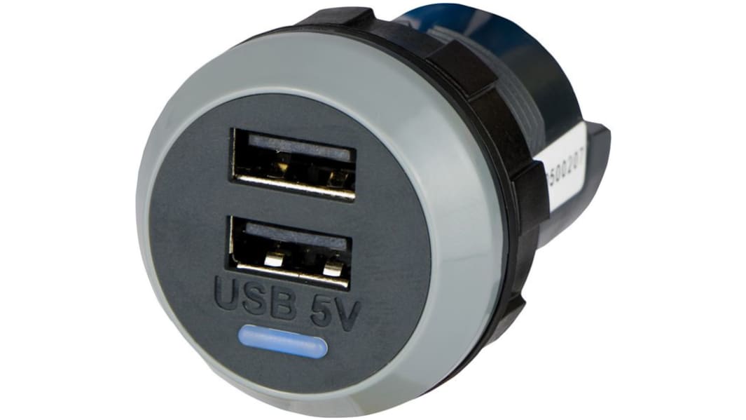 Billader med dobbelt USB-stik, Indgang: 9 → 32V dc, Udgang: 5V dc, 3A