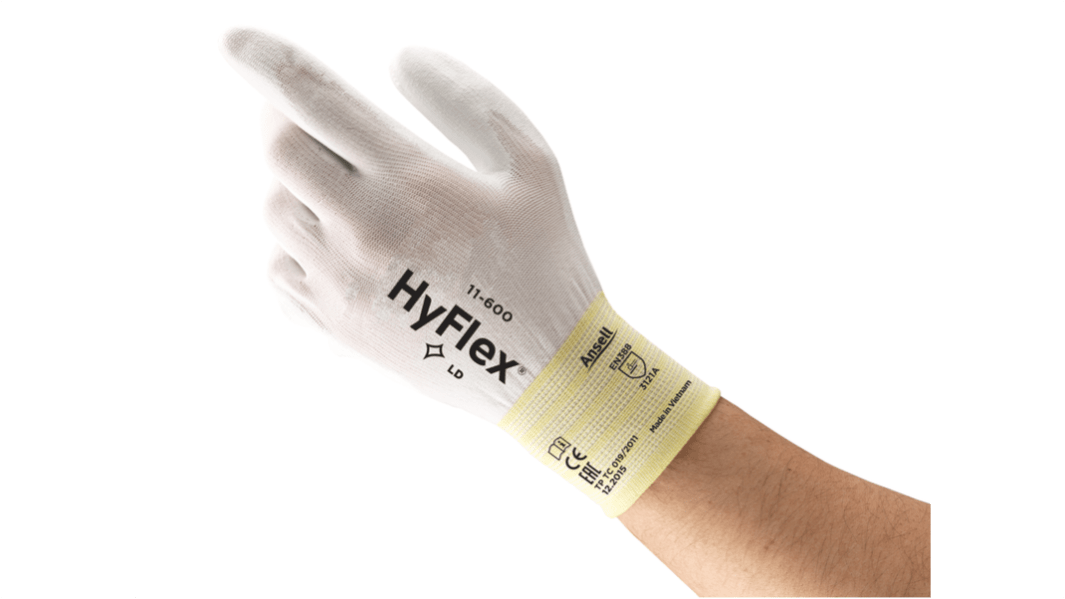 Ansell HyFlex 11-600 White Nylon General Purpose Work Gloves, Size 8, Polyurethane Coating