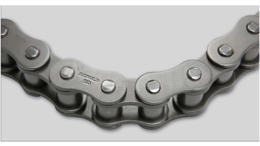 Catena a rulli tipo 12B-1 Simplex, Renold, lunga 5m, passo 19.05mm, piastra alta 16.1mm, Ø sfera 12.07mm, in Acciaio,