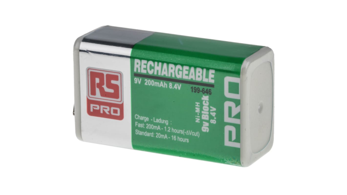 RS PRO 9v充电电池, 镍氢电池, 200mAh, 8.4V标称电压, 压扣接端