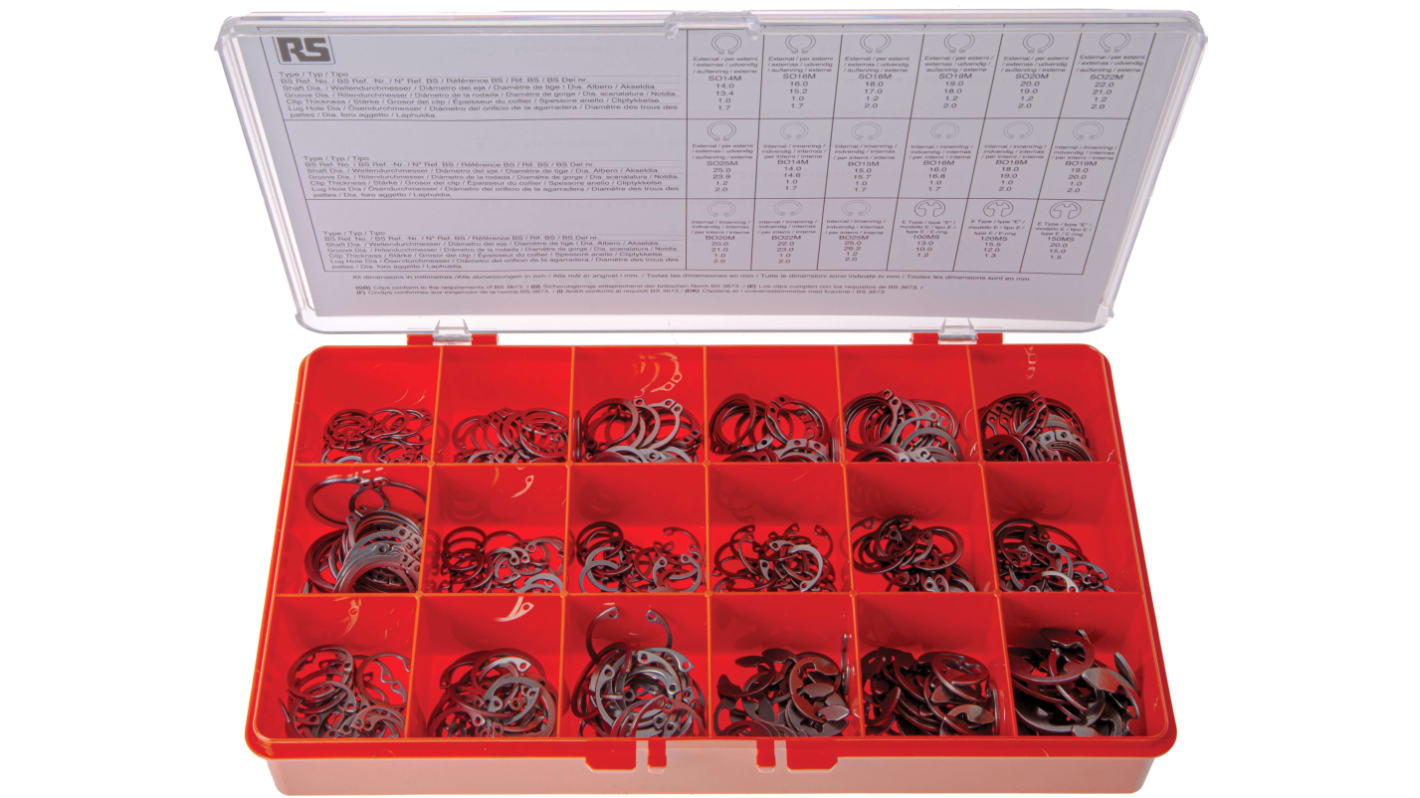 450 piece E Type, External, Internal Stainless Steel Circlip Kit for 13 → 20 mm, 14 → 25 mm Shaft