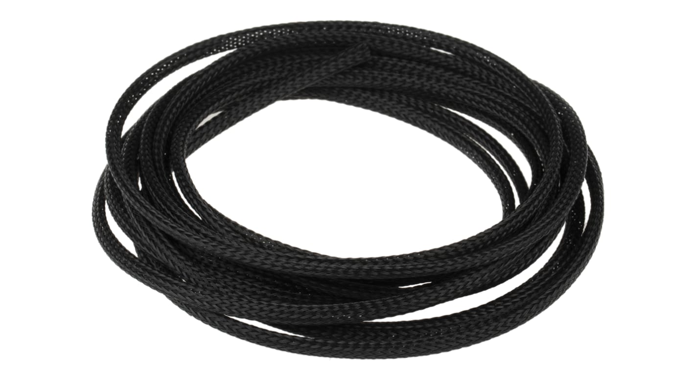 RS PRO Expandable Braided PET Black Cable Sleeve, 5mm Diameter, 5m Length